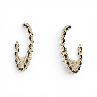 Chanel Gold-tone 2023 Strass Leather Interlocking CC Hoop Earrings