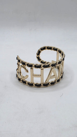 Chanel Gold-tone Leather 'CHANEL' Cuff Bracelet