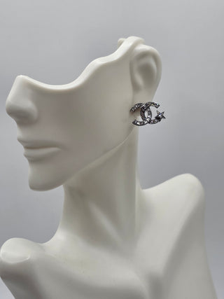 Chanel Silver-tone Strass Interlocking Stud Earrings