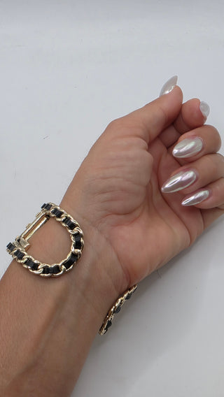 Chanel Gold-tone Leather 'CHANEL' Cuff Bracelet