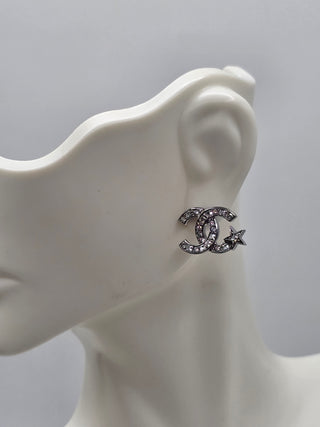 Chanel Silver-tone Strass Interlocking Stud Earrings