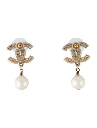 Chanel Gold-tone Faux Pearl  Strass Interlocking CC Drop Earrings