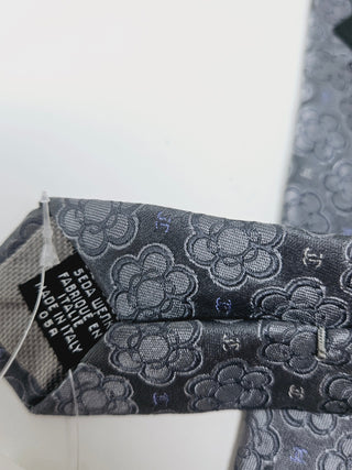 CHANEL Metallic Grey Camellia CC logo Silk Tie