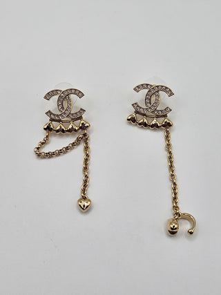 Chanel Gold-tone 2023 Strass CC Hearts Chain Drop Earrings