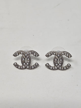 Chanel 2022 Faux Pearl & Strass CC Stud Earrings