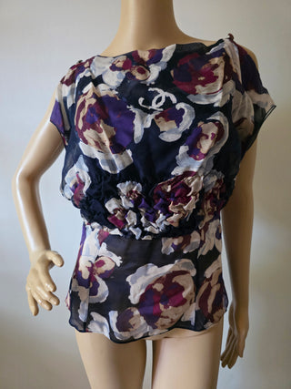 Chanel purple multicolor Interlocking CC Logo Silk blouse US 6