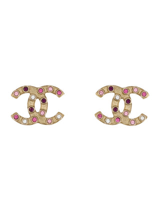 Chanel Gold-tone Pink Strass Interlocking CC Stud Earrings