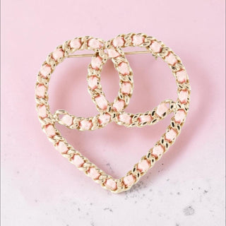 Chanel Gold-tone Silk Chain Woven CC Heart Oversized Brooch