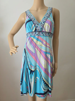 Emilio Pucci Blue Multicolor v-neck summer dress 8 US sz