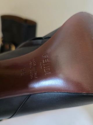 Fendi Black leather Gold-tone logo heels ankle boots 39 sz