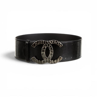 Chanel Black Patent Leather Silver-tone Interlocking CC Logo Wide Belt 70/28