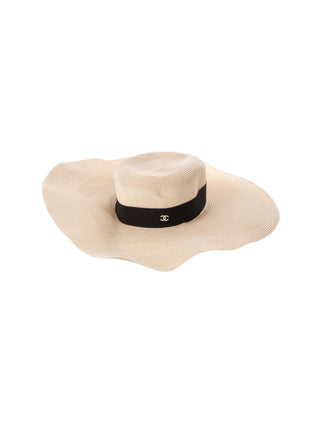 Chanel Beige Raffia Interlocking CC Logo Wide Brimmed Hat M sz