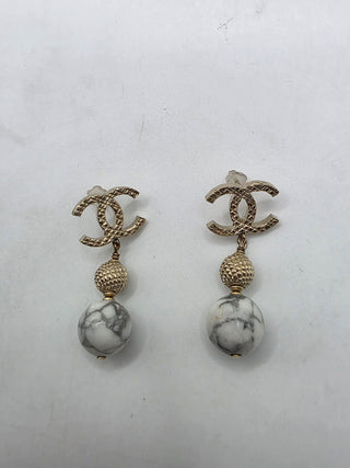 Chanel Gold-tone White Stone inside CC Drop Earrings