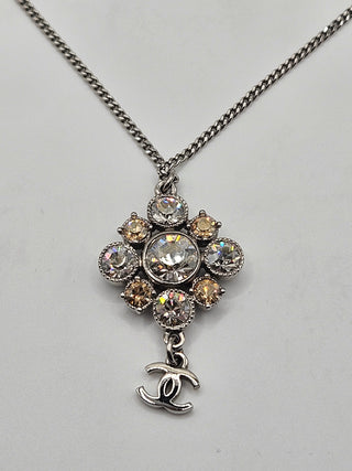 Chanel Silver-tone Strass Interlocking CC Pendant Necklace