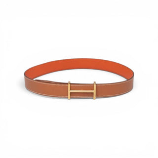Hermès 32mm Gold Orange Leather Gold Plated Idem Belt Size 80