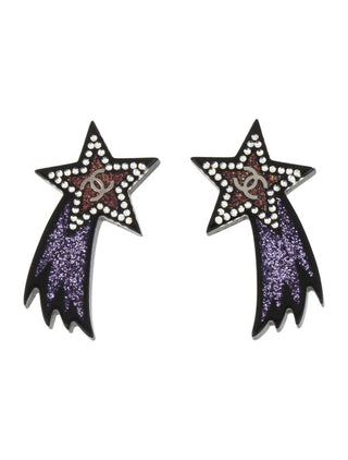 Chanel Black Silver-tone Strass Interlocking CC Shooting Star Earrings