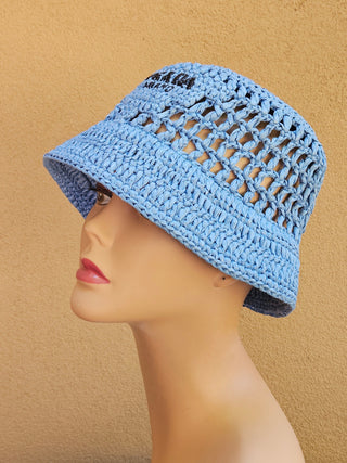 Prada Blue Crochet Logo Printed Bucket Hat S sz