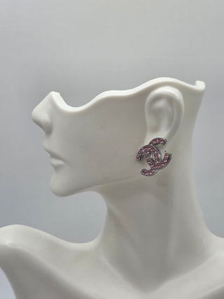 Chanel Silver-tone Pink Strass Interlocking CC Stud Earrings