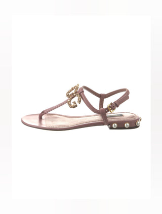 Dolce & Gabbana beige leather pearl logo embellished thong sandals 37 sz