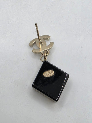 Chanel Gold-tone Black Glitter Resin Interlocking CC Drop Earrings