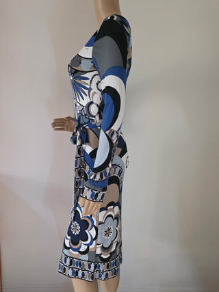 Emilio Pucci Blue Multicolor Printed Knee-Length Dress 6 sz