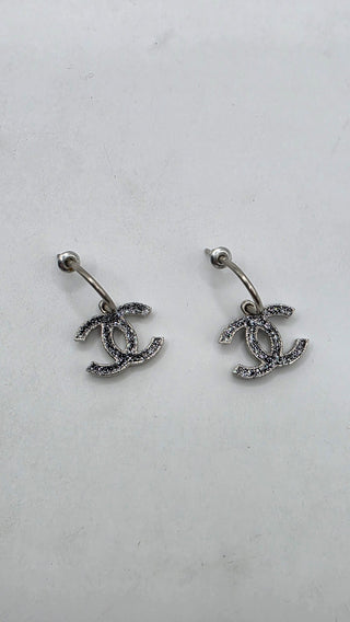 Chanel Silver-tone Black Enamel Glitter Interlocking CC Drop Earrings