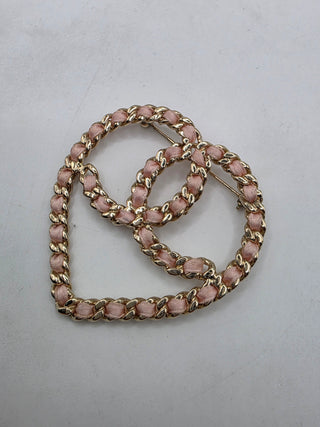 Chanel Gold-tone Silk Chain Woven CC Heart Oversized Brooch