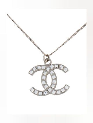 Chanel Silver-tone Strass Interlocking CC Pendant Necklace