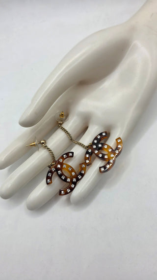Chanel Gold-tone Brown Resin Strass CC Drop Earrings