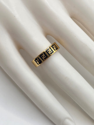 Fendi Gold-tone Enamel FF Logo Band Ring 6 sz