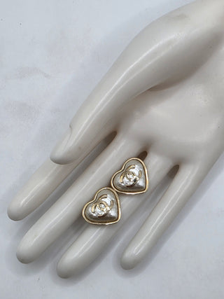 Chanel Gold-tone Faux Pearl Interlocking CC Heart Stud Earrings