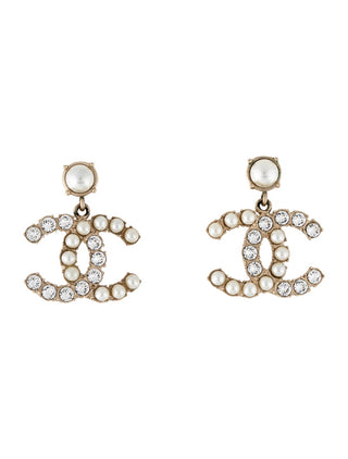 Chanel Gold-tone Faux Pearl Strass Interlocking CC Drop Earrings