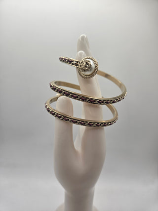 Chanel Gold-tone Faux Pearl Leather Interlocking CC Arm Cuff