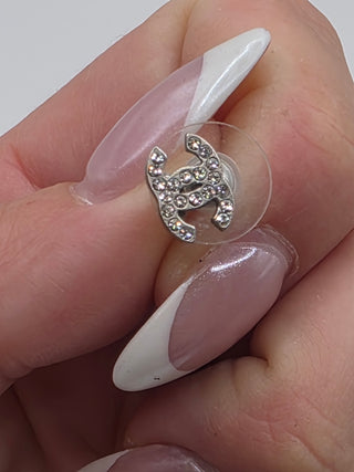 Chanel Silver-tone Strass Interlocking CC Stud Earrings