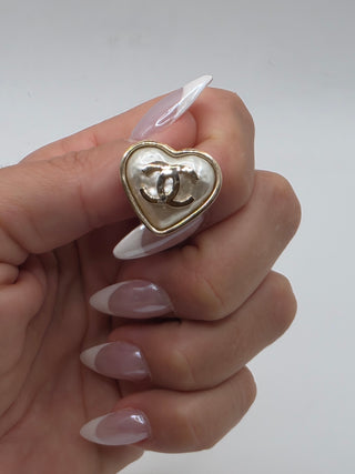 Chanel Gold-tone Faux Pearl Interlocking CC Heart Stud Earrings
