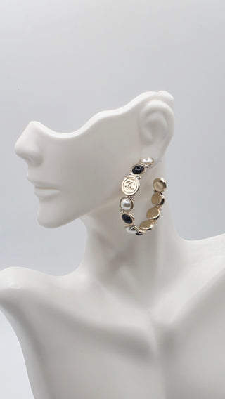 Chanel Faux Pearl Strass Interlocking CC Hoop Earrings
