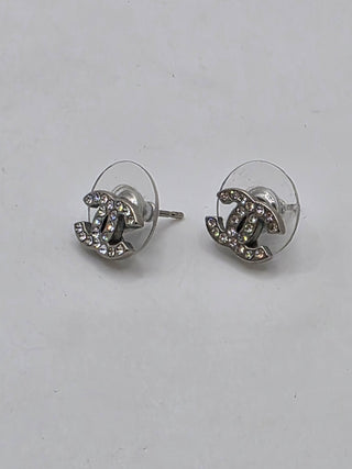 Chanel Silver-tone Strass Interlocking CC Stud Earrings