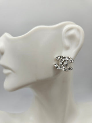 Chanel Silver-tone 2019 Strass Interlocking CC Logo Stud Earrings