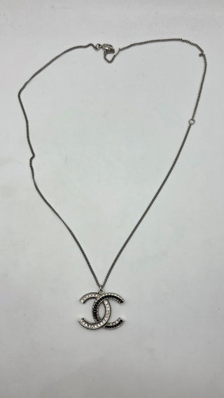 Chanel Silver-tone Strass Interlocking CC Pendant Necklace