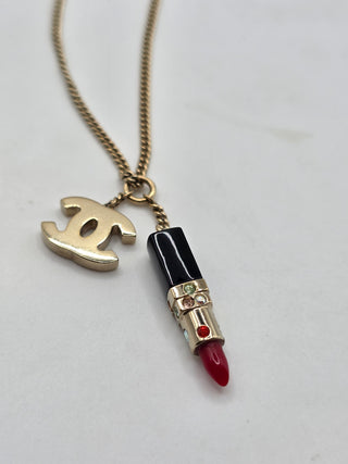 Chanel Gold-tone Crystal Resin Lipstick Interlocking CC Pendant Necklace