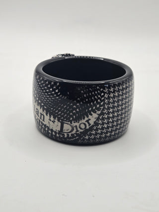 Christian Dior Black Logo Crystal Resin Houndstooth Wide Bangle