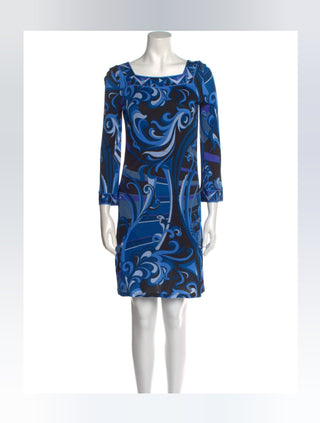 Emilio Pucci Blue Multicolor Signature Print Dress 6 sz