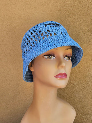 Prada Blue Crochet Logo Printed Bucket Hat S sz