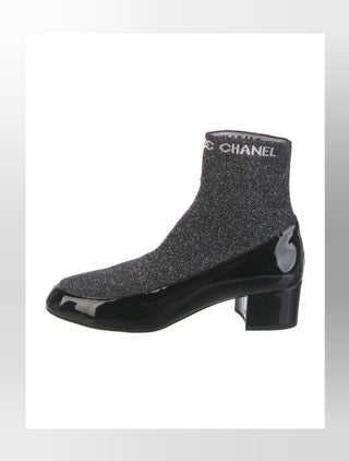 Chanel Black Logo Printed 2017 Patent Leather Sock Boots 40.5 EU