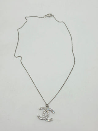 Chanel Silver-tone Strass Interlocking CC Pendant Necklace