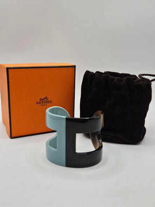 Hermès Blue Brown Horn Resin Ano Wide Cuff Bracelet