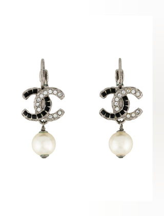 Chanel Silver-tone Faux Pearl Strass Interlocking CC Drop Earrings