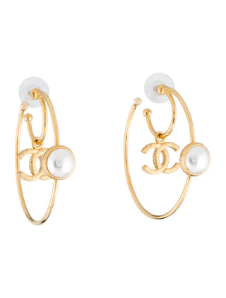 Chanel Gold-tone Interlocking CC 2020 Faux Pearl Hoop Earrings