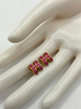Hermès Gold-tone Pink Pop H Stud Earrings