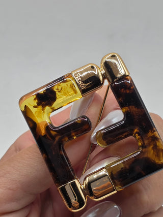 Fendi Gold-tone Resin Tortoiseshells FF Zucca Logo Pin Brooch
